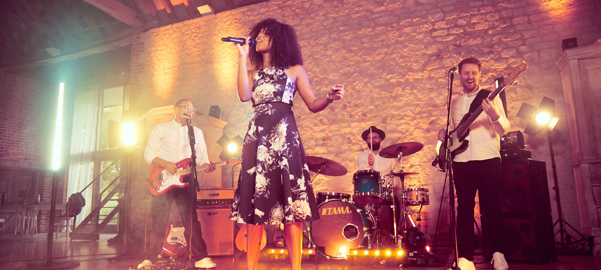 AKA set up at Bury Court Barn in Hampshire - Live Wedding Band | Band hampshire | acoustic wedding band | live party band | Function Band | evening wedding music | wedding entertainment | AKA Party Band